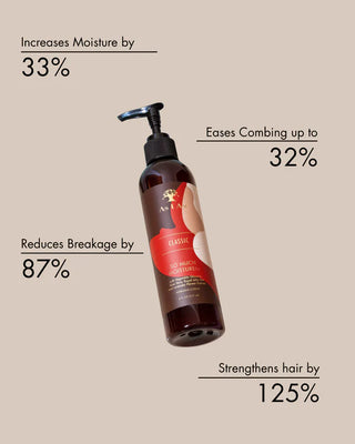 Hair care product bottle with text highlighting its benefits on a beige background