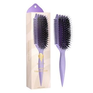 Purple hairbrush with packaging on a white background
