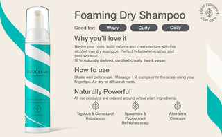 Boucleme foaming dry shampoo with product details on a light background