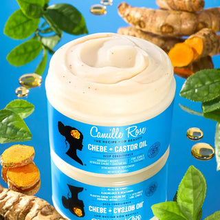 Camille Rose Chebe + Castor Oil product with natural ingredients on a blue background