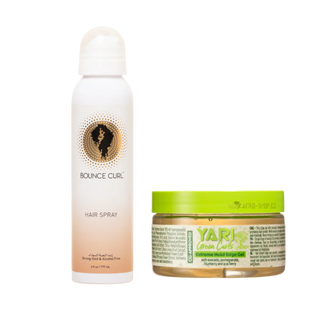 A hair care set featuring a white canister of Bounce Curl Hair Spray with a gold and black logo, and a green-lidded jar of Yari Lemon Gel with gold gel visible inside, set against a plain white background.