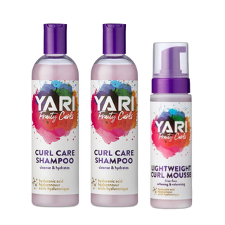 Three Yari Fruity Curls hair care products on a white background
