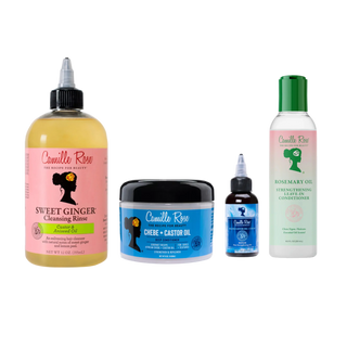 Collection of Camille Rose hair care products on a white background
