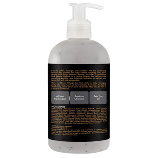 Bottle with pump and black label on a white background