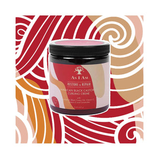 Jar of As I Am Restore & Repair Jamaican Black Castor Oil Curling Creme on a patterned background