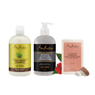 SheaMoisture hair care products including shampoo, conditioner, and soap on a white background