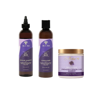 Set of hair care products including shampoo, conditioner, and masque with 'As I Am' branding on a white background.