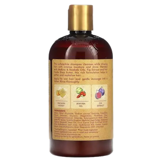 Bottle of shampoo with gold cap and detailed label on a white background