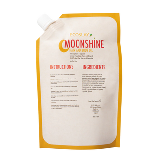 Ecoslay Moonshine hair and body oil packaging with instructions and ingredients on a white background