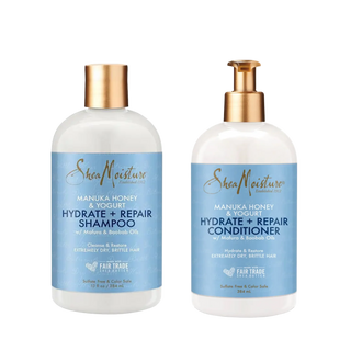 Shea Moisture hair care product set including shampoo, conditioner on a white background.